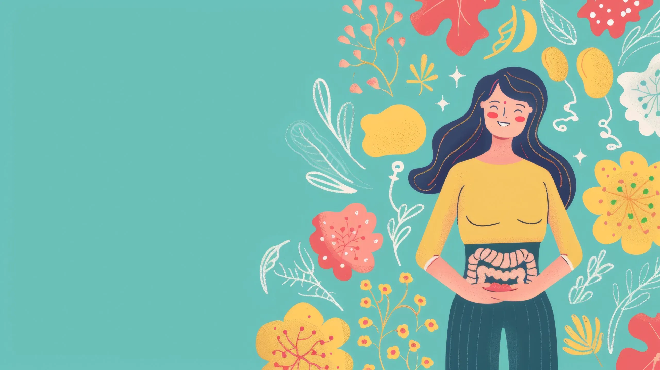 Happy Gut Health Illustration Woman Holding Intestines Surrounded By Vibrant Floral Design