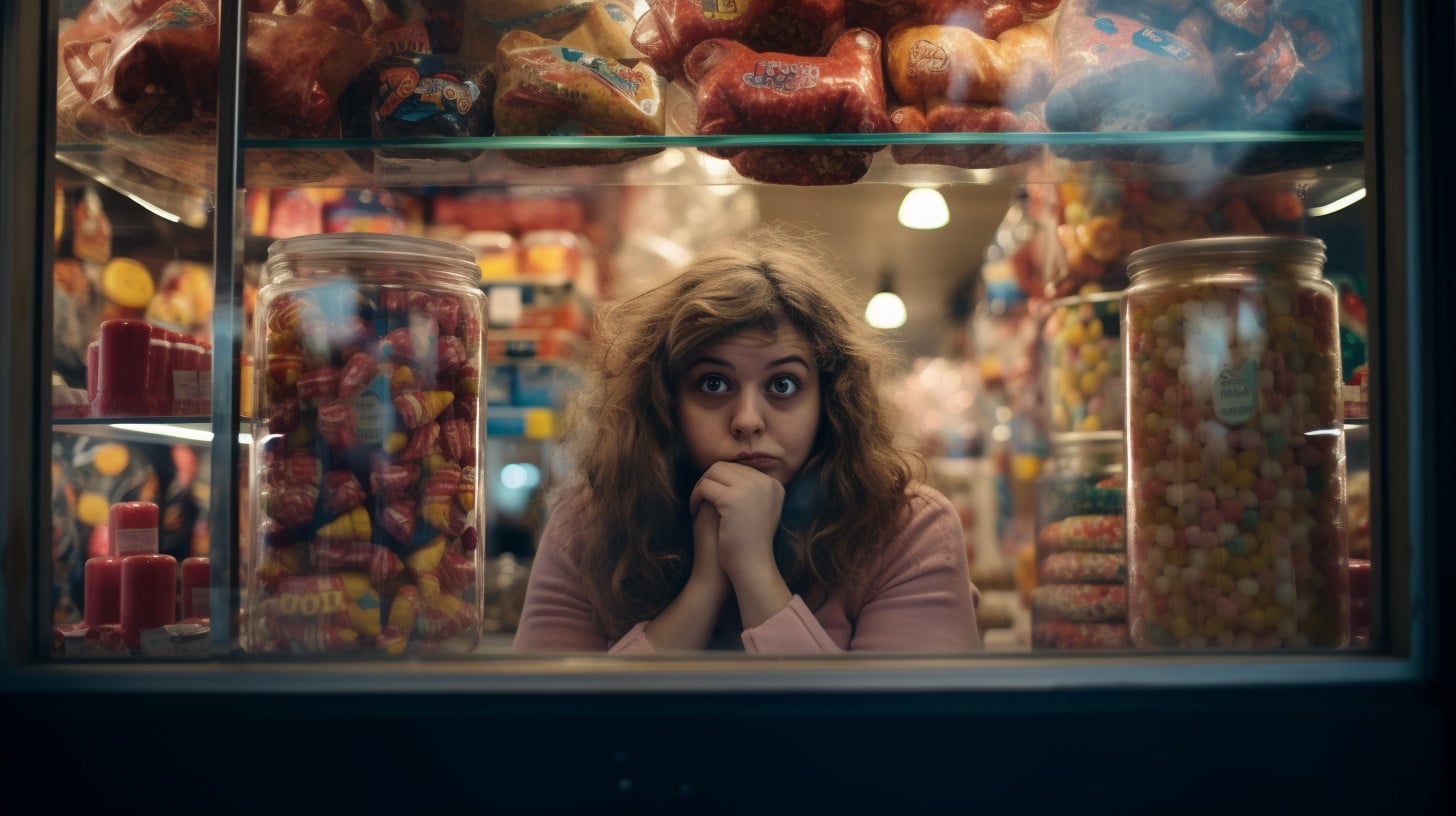 Cc4863 Photo Of A Fat Woman Pressing Her Nose Against A Candy S C74df7bb 14b7 403f 8335 Be704f08039d